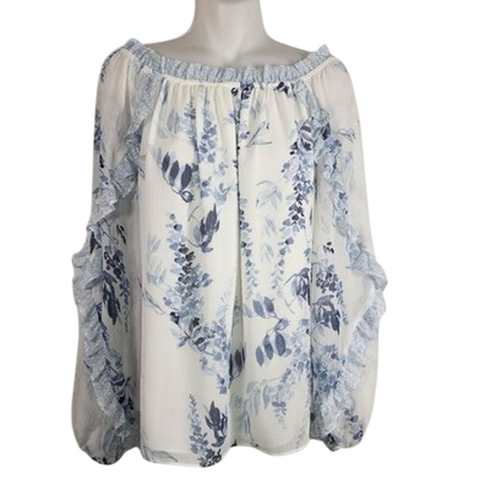White House Black Market Top Off Shoulder Floral Sheer Sleeve Ruffle S Peasant